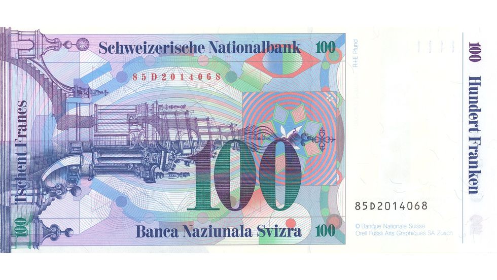Seventh banknote series, 1984, 100 franc note, back