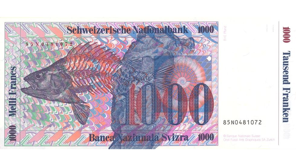 Seventh banknote series, 1984, 1000 franc note, back