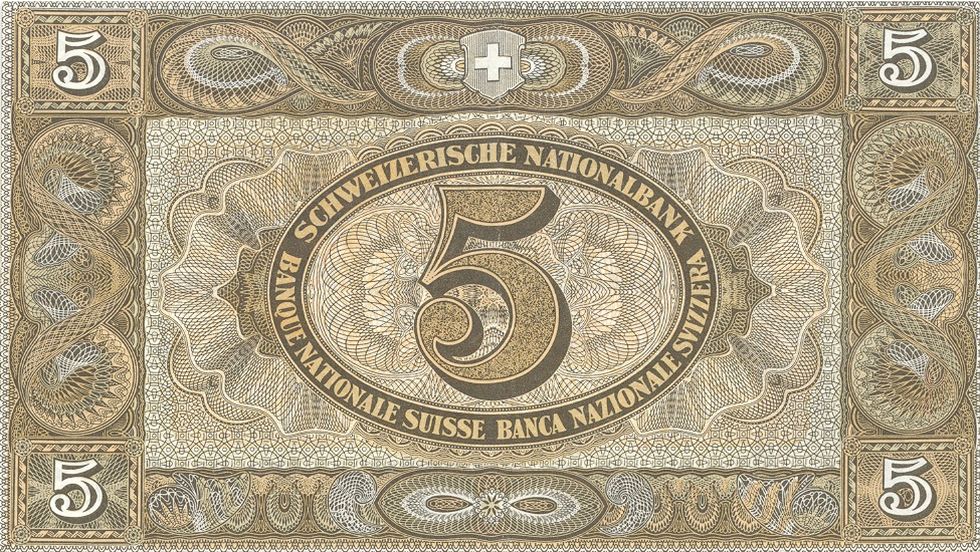 Second banknote series, 1911, 5 franc note, back