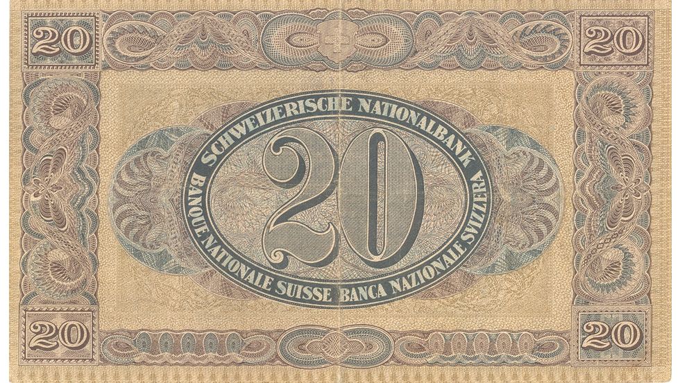 Second banknote series, 1911, 20 franc note, back