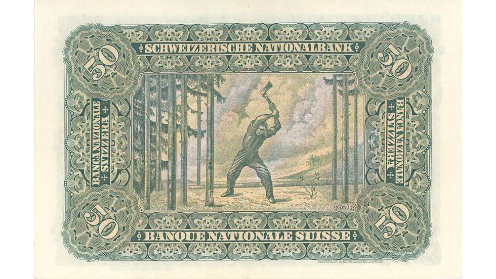 Second banknote series, 1911, 50 franc note, back
