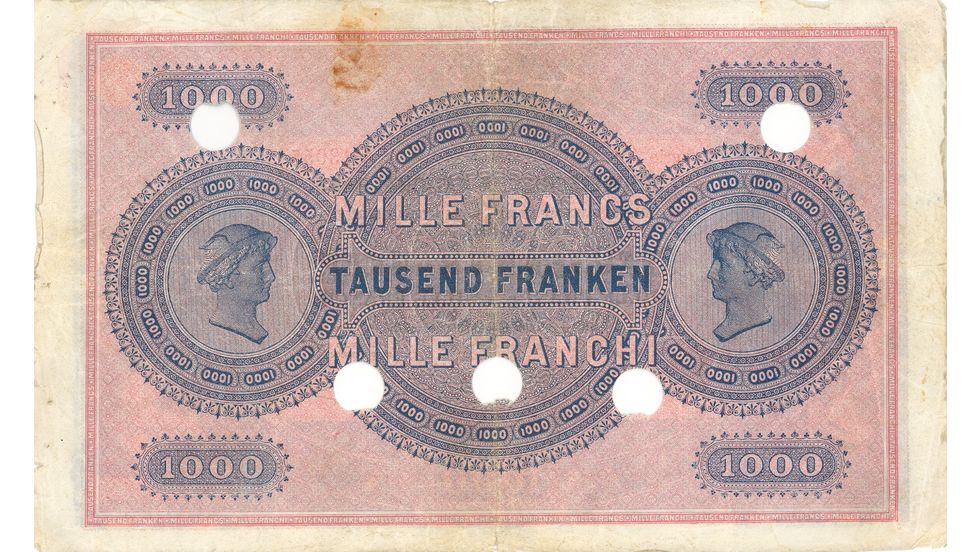 1. Banknotenserie 1907, 1000-Franken-Note, Rückseite