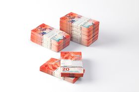 Bundles of 20-franc notes (front and back view)