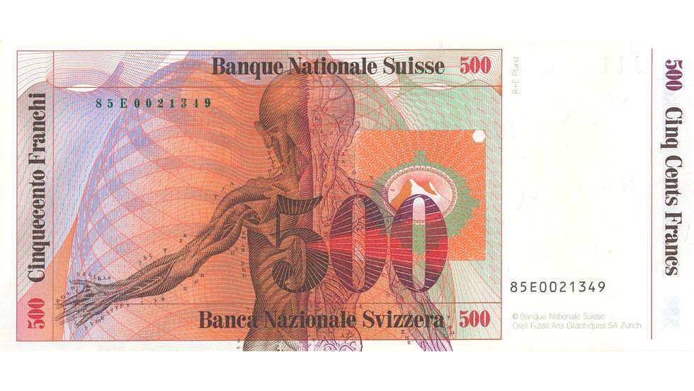 Seventh banknote series, 1984, 500 franc note, back